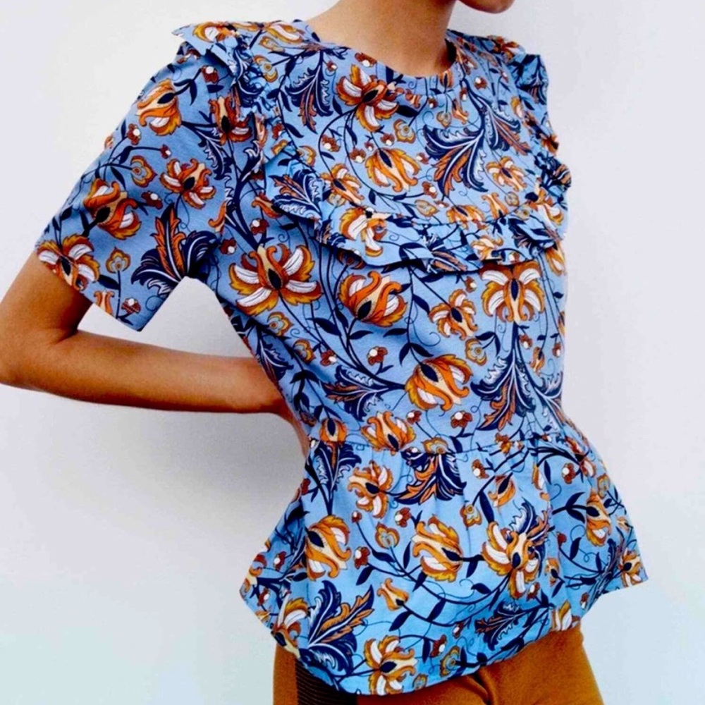 Zara Blue Floral Printed Ruffled Short Sleeve Top Women's Medium